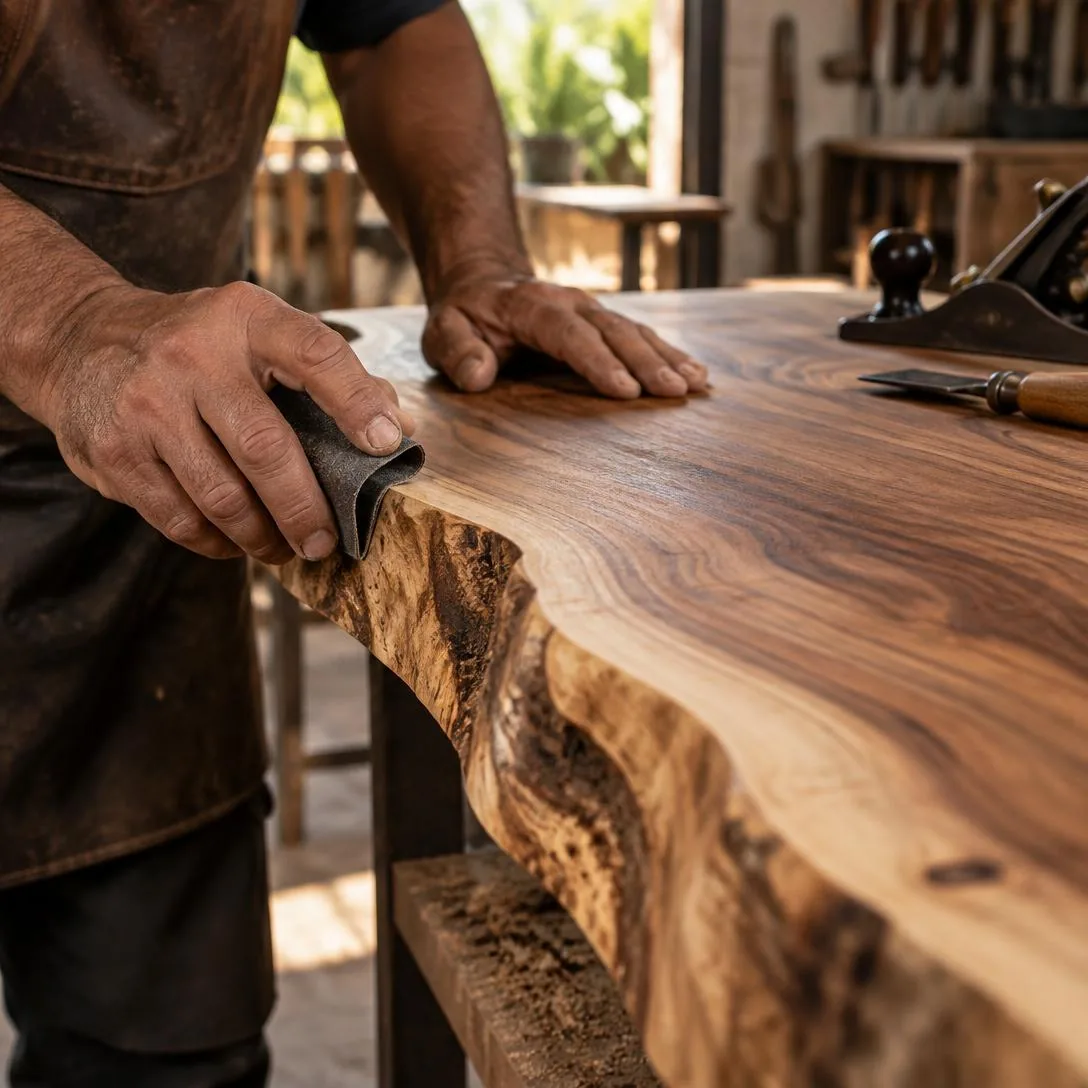 Artesão finalizando a borda natural de uma mesa de madeira