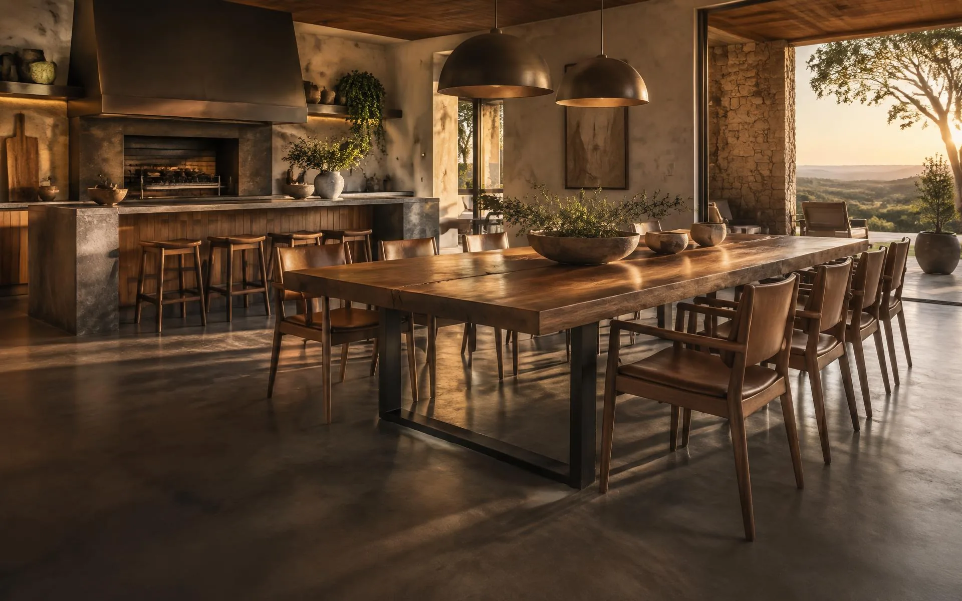 Ambiente gourmet contemporâneo com grande mesa de madeira maciça